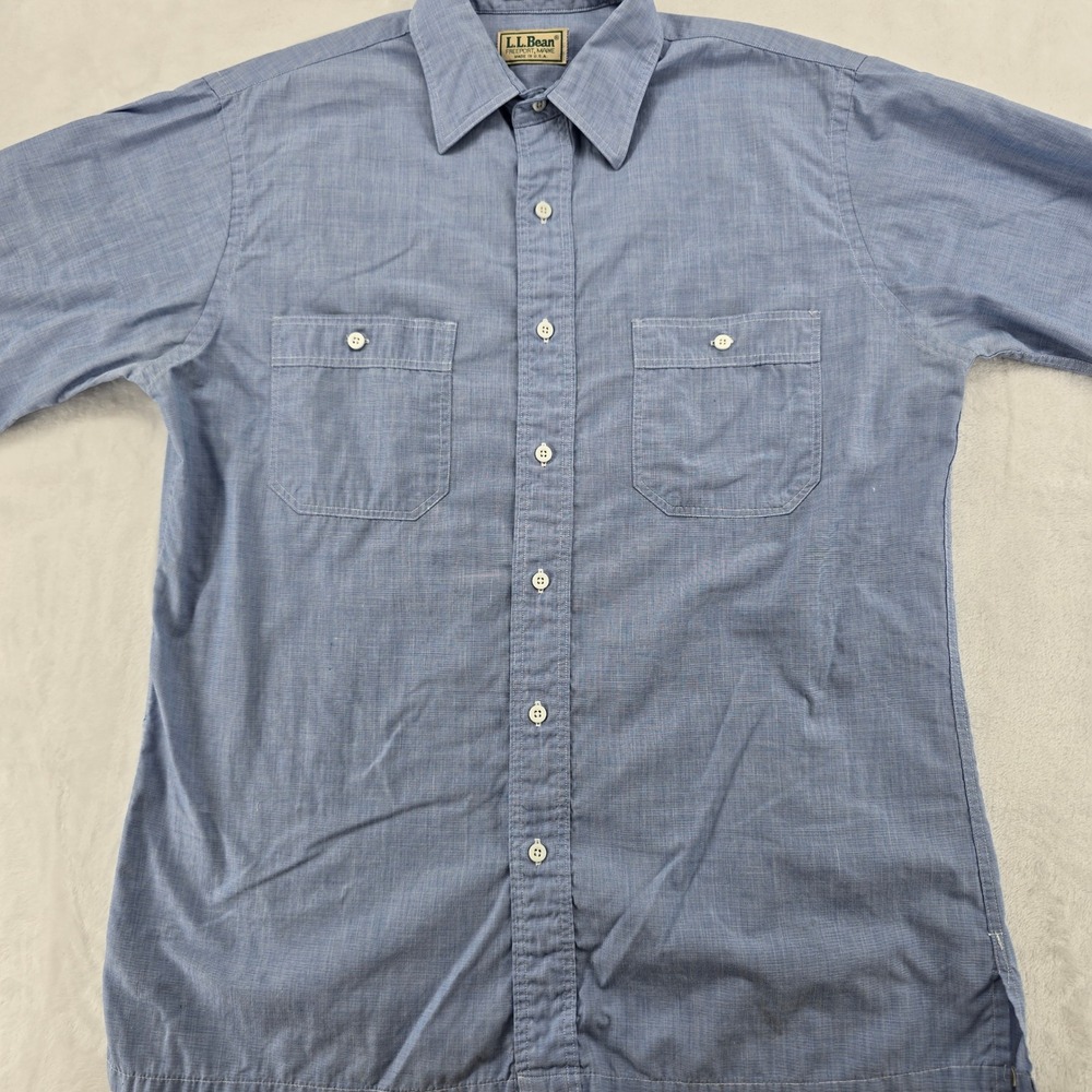 LL Bean Shirt Mens M Short Sleeve Button Up Blue Vintage Made in USA